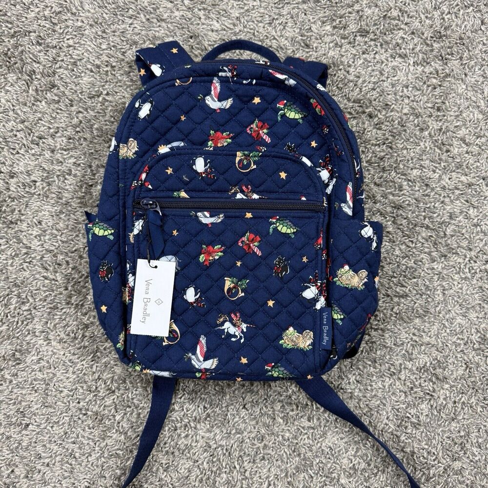 🌺 Vera Bradley Small Backpack Bag Quilted Snow Globe Motifs Navy Blue